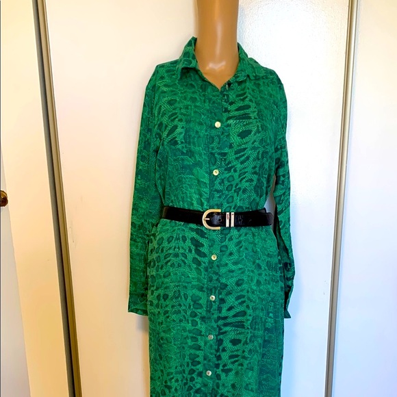 Size : Small Green snake print Button-Up 100% linen dress Dress - Picture 1 of 13